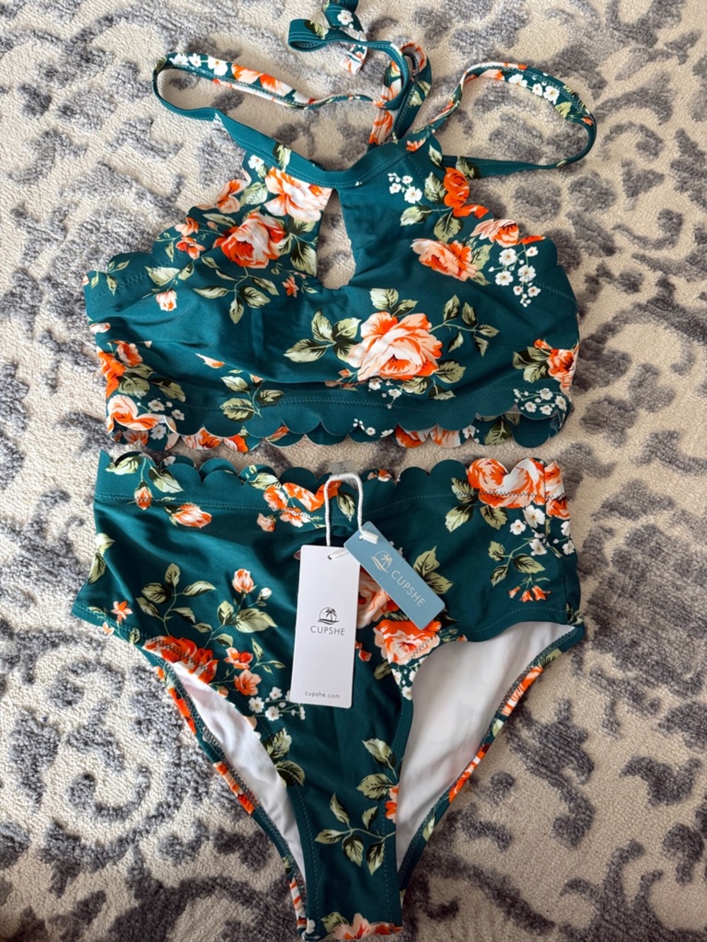 NWT! Cupshe Teal Floral Scalloped High-Waist Bikini